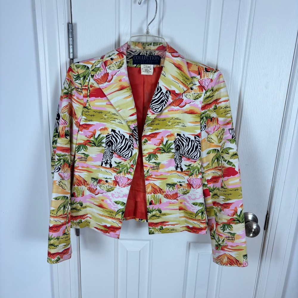 Harve Benard Petite Safari Zebra Tropical Print‎ Blazer Pink Green Cotton 4P